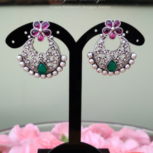 Silver Majenta Flower Chandbalis