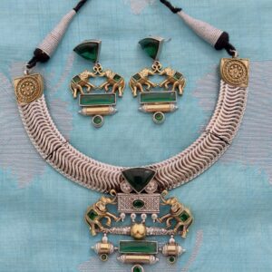 Elephant Dual-Tone Green Hasli Necklace Set