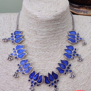 Ink Blue German Silver Lotus Motif Necklace Set